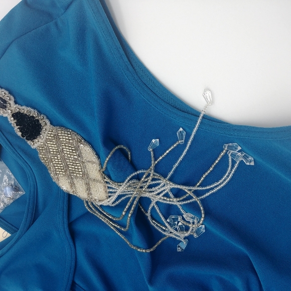NEW Moda International VS ☆ 90s Y2K Blue Silk Beaded Stretch Tank Blouse Medium - Picture 14 of 16
